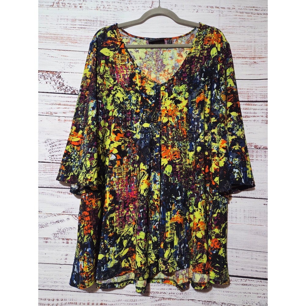 Attitudes by Renee Womens 1X Abstract Floral V-Neck Tunic Bell Sleeve Pockets